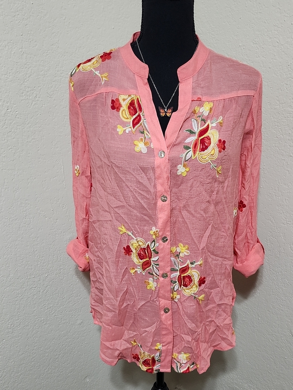 Hope Springs Coral Pink Embroidered Floral Tunic Blouse, Sz M Cottagecore Boho